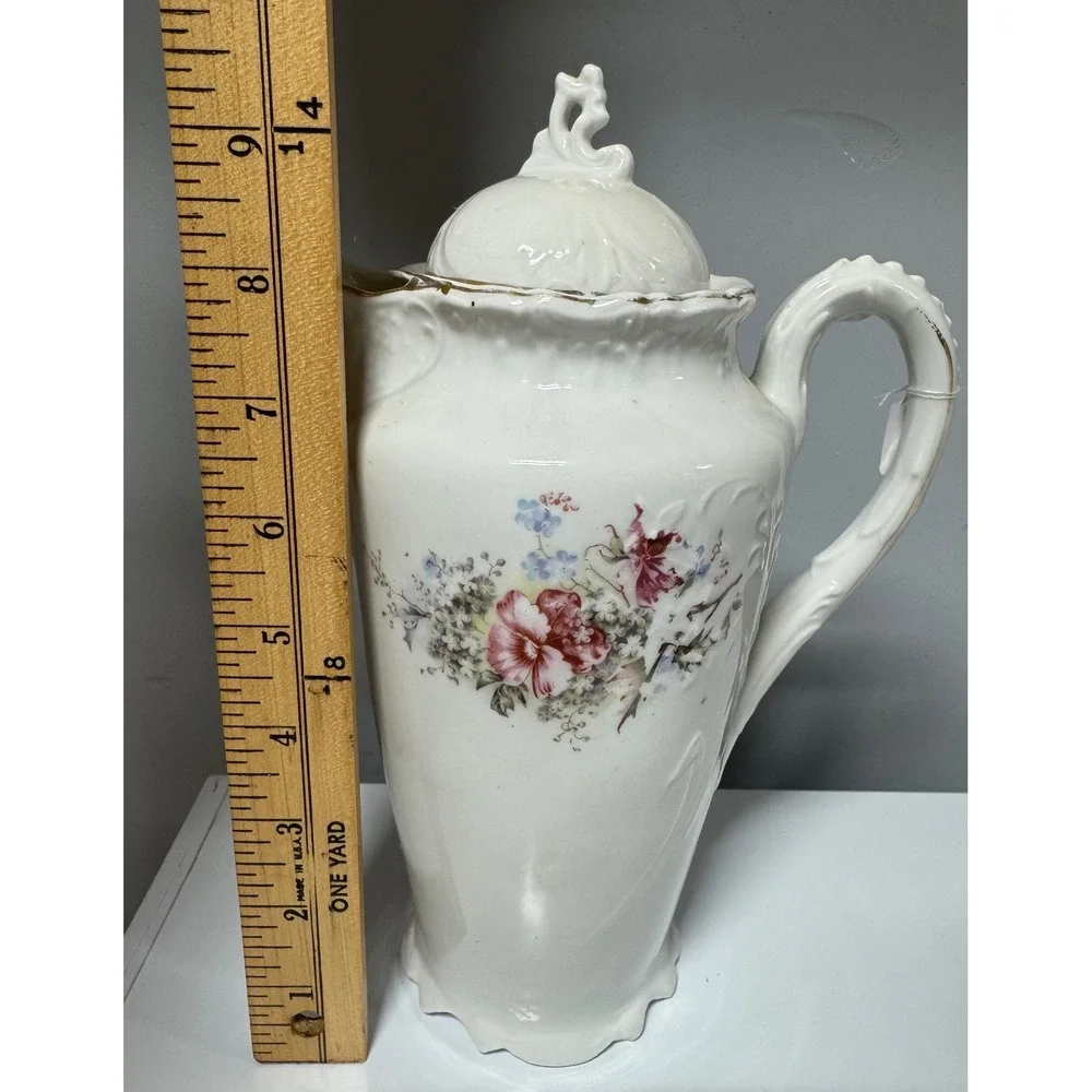 Vintage Floral Porcelain Chocolate Pot Gold Trim Embossed White Pink Tea Pitcher